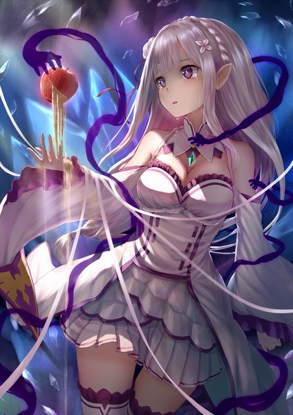 Anime picture 1200x1697 with re:zero kara hajimeru isekai seikatsu white fox emilia (re:zero) kachayori single long hair tall image blush purple eyes silver hair pointy ears tears girl dress detached sleeves fruit apple hands