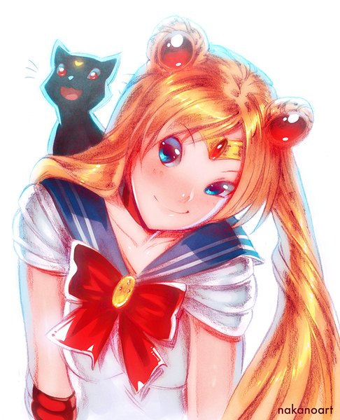 Anime picture 729x900 with bishoujo senshi sailor moon toei animation tsukino usagi sailor moon luna (sailor moon) nakanoart single long hair tall image blush blue eyes blonde hair simple background smile white background twintails signed looking away upper body hair bun (hair buns)