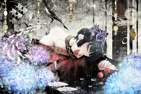 Anime picture 1139x759 with original funakura short hair black hair purple eyes bare shoulders lying hair flower off shoulder tears mouth hold rain girl hair ornament flower (flowers) animal water chain collar fruit