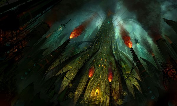 Anime picture 1589x954 with original philipstraub (artist) wide image city fantasy smog fire castle