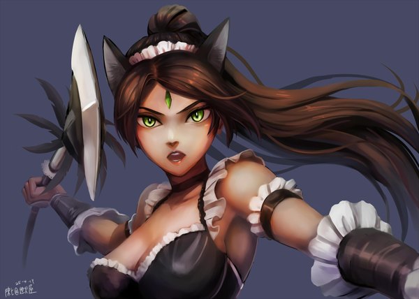 Anime picture 1680x1200 with league of legends nidalee (league of legends) chen qi (chanseven) single long hair looking at viewer breasts simple background brown hair green eyes animal ears ponytail cat ears maid dark background girl uniform weapon spear