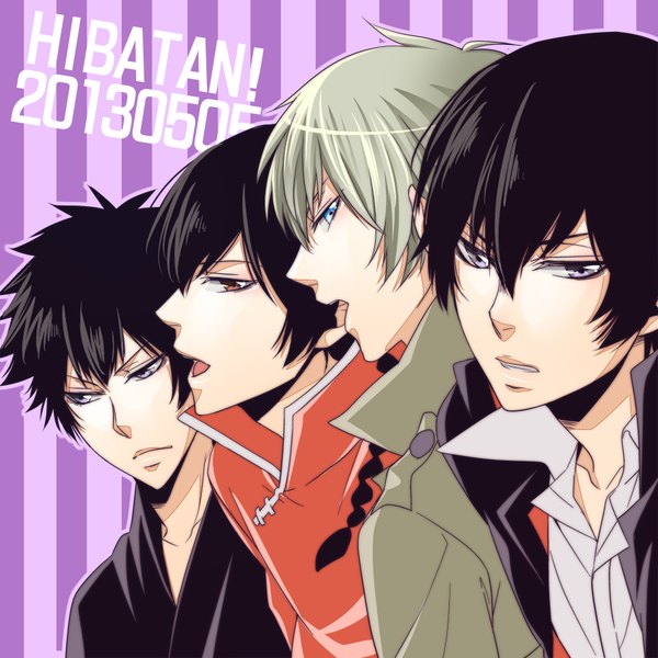 Anime picture 1818x1818 with katekyou hitman reborn hibari kyouya alaude (khr) fon hibaniki69 long hair looking at viewer fringe highres short hair open mouth blue eyes black hair blonde hair hair between eyes red eyes purple eyes looking away profile inscription