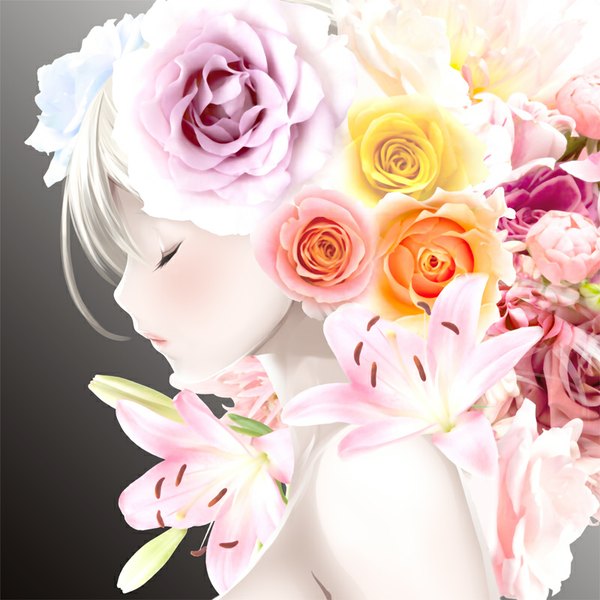 Anime picture 800x800 with original ayase hazuki single long hair fringe bare shoulders white hair eyes closed profile hair flower close-up white skin girl hair ornament flower (flowers) rose (roses) red rose white rose lily (flower) pink rose