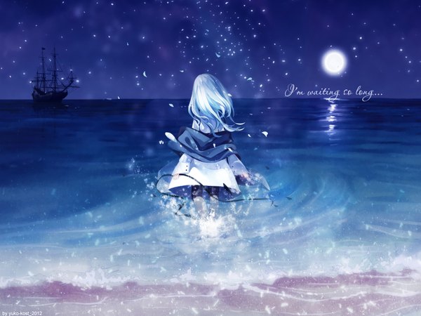 Anime picture 1600x1200 with original dhiea long hair sky aqua hair wet back scenic girl petals sea moon star (stars) sundress full moon watercraft ship