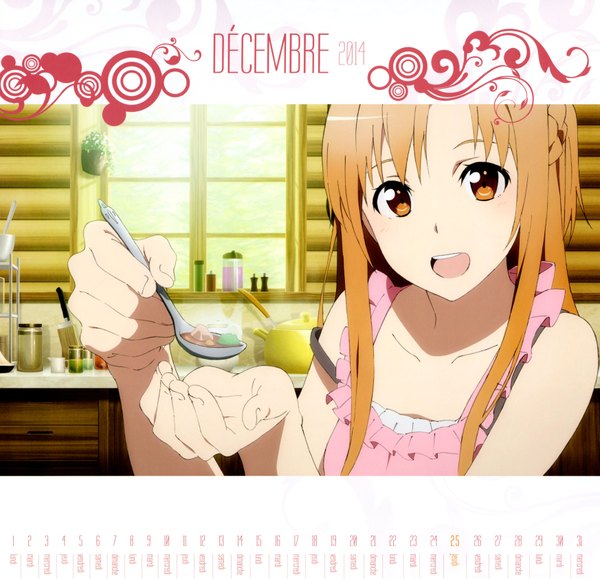 Anime picture 6983x6750 with sword art online a-1 pictures yuuki asuna single long hair looking at viewer highres open mouth brown hair brown eyes absurdres scan official art calendar 2014 girl food apron spoon calendar