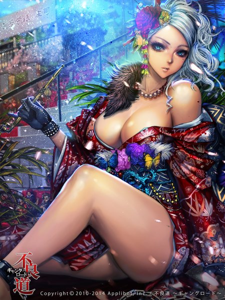 Anime picture 1400x1866 with furyou michi ~gang road~ original xaxak single long hair tall image looking at viewer blue eyes light erotic sitting bare shoulders silver hair traditional clothes hair flower girl gloves hair ornament flower (flowers) petals insect