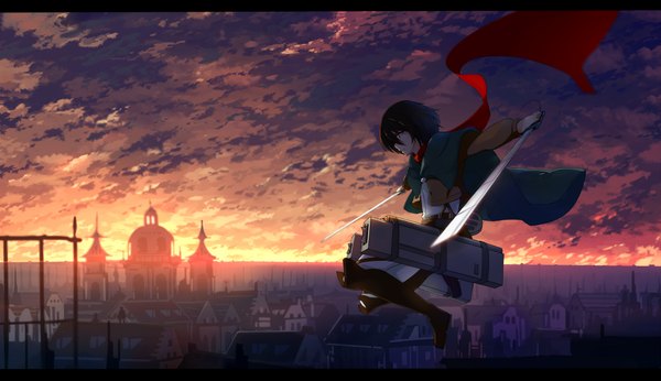 Anime picture 2250x1300 with shingeki no kyojin production i.g mikasa ackerman baisi shaonian single highres short hair black hair wide image holding looking away cloud (clouds) profile black eyes open clothes open jacket city evening sunset cityscape