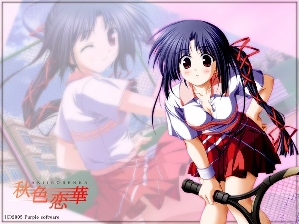 Anime picture 1024x768 with akiiro renka purple software nanjou ibuki long hair breasts light erotic brown eyes blue hair cleavage leaning wallpaper leaning forward hand on hip side ponytail 2005 uniform gym uniform tennis uniform tennis racket