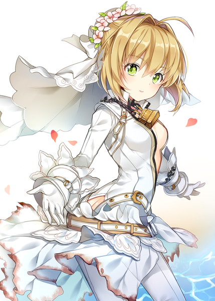 Anime picture 1000x1398 with fate (series) fate/extra fate/extra ccc nero claudius (fate) (all) nero claudius (fate) nero claudius (bride) (fate) pingo single tall image looking at viewer blush fringe short hair light erotic blonde hair simple background hair between eyes white background green eyes cleavage
