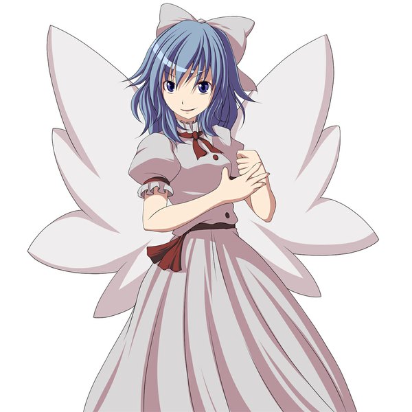 Anime picture 1000x1000 with touhou mai (touhou) s-syogo single looking at viewer short hair simple background white background purple eyes blue hair girl dress bow hair bow wings