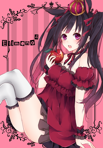 Anime picture 880x1260 with original nanase eka single long hair tall image looking at viewer blush fringe breasts open mouth black hair purple eyes twintails bare shoulders animal ears payot bent knee (knees) short sleeves bunny ears zettai ryouiki