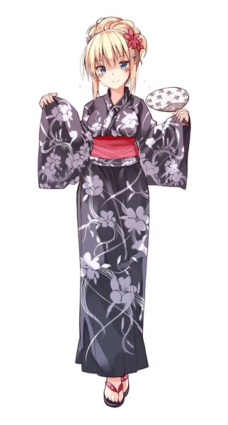 Anime picture 1000x1864 with kantai collection bismarck battleship oota yuuichi single long hair tall image looking at viewer blush fringe blue eyes simple background blonde hair smile standing white background holding long sleeves traditional clothes japanese clothes hair flower