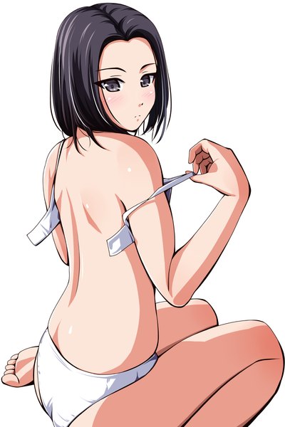 Anime picture 800x1200 with original matsunaga kouyou single tall image blush short hair light erotic black hair simple background white background black eyes underwear only girl underwear panties lingerie bra white panties white bra