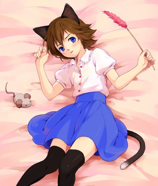 Anime picture 1234x1450 with inazuma eleven fidio ardena yukasummer tall image short hair blue eyes brown hair animal ears lying cat ears cat tail girl thighhighs skirt black thighhighs miniskirt mouse cattail