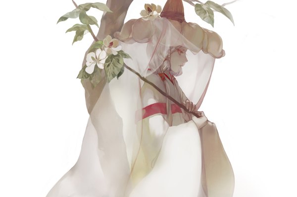 Anime picture 1500x993 with original noir (ibaraki) single long hair japanese clothes profile grey hair girl flower (flowers) hat
