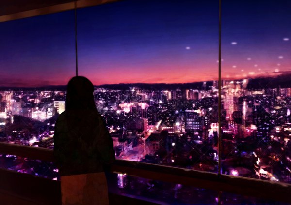 Anime picture 1527x1080 with original mahiro (mahiroht) single long hair black hair standing sky upper body indoors from above from behind night night sky city evening light reflection sunset cityscape city lights