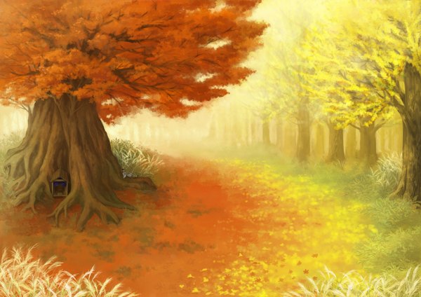 Anime picture 1754x1241 with original kouji (hayashi kouji) single highres lying landscape autumn minigirl girl plant (plants) tree (trees) leaf (leaves) forest autumn leaves shrine roots