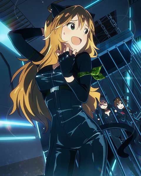 Anime picture 640x800 with idolmaster idolmaster million live! hoshii miki mogami shizuka baba konomi long hair tall image looking at viewer blush fringe short hair open mouth blue eyes blonde hair brown hair standing multiple girls green eyes animal ears looking away