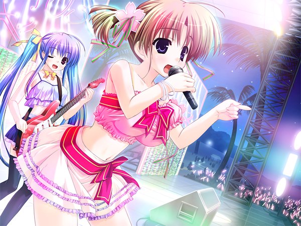 Anime picture 1200x900 with amatsu misora ni! blonde hair twintails purple eyes multiple girls blue hair game cg singing girl 2 girls microphone