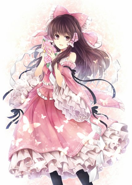 Anime picture 714x1000 with touhou hakurei reimu hagiwara rin single long hair tall image open mouth brown hair brown eyes girl skirt flower (flowers) bow ribbon (ribbons) hair bow detached sleeves pantyhose insect butterfly skirt set