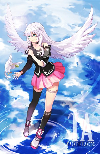 Anime picture 756x1163 with vocaloid ia (vocaloid) apring single long hair tall image smile bare shoulders sky silver hair cloud (clouds) ahoge braid (braids) aqua eyes character names twin braids reflection angel wings girl thighhighs