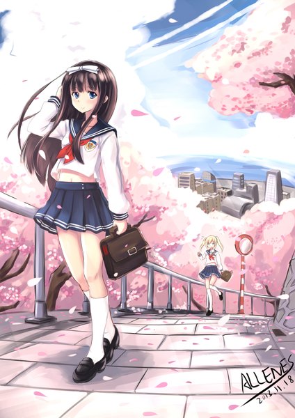 Anime picture 2480x3507 with original allenes long hair tall image looking at viewer blush highres blue eyes black hair multiple girls signed sky cloud (clouds) cherry blossoms girl skirt uniform bow 2 girls plant (plants)