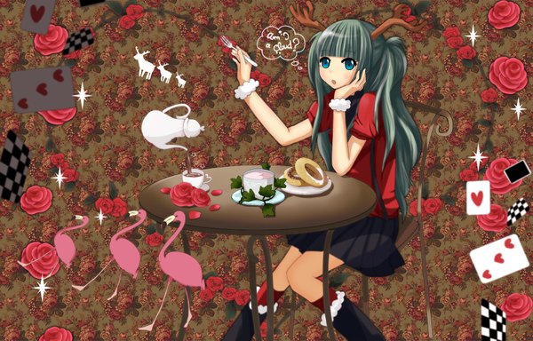 Anime picture 1843x1181 with alice in wonderland vocaloid hatsune miku long hair highres blue eyes sitting horn (horns) green hair drinking girl flower (flowers) animal food bird (birds) rose (roses) table red rose card (cards) fork