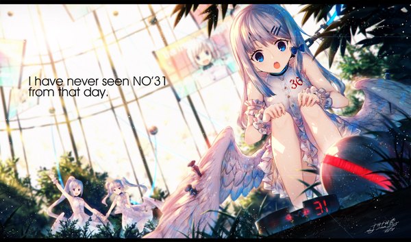 Anime picture 1833x1081 with original heiwari kanade long hair highres open mouth blue eyes wide image multiple girls white hair ponytail text english girl dress bow plant (plants) hair bow wings tree (trees) 3 girls