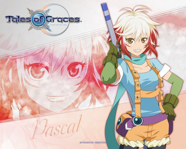 Anime picture 1280x1024 with tales of graces pascal single looking at viewer smile brown eyes multicolored hair girl gloves elbow gloves shorts fanny pack