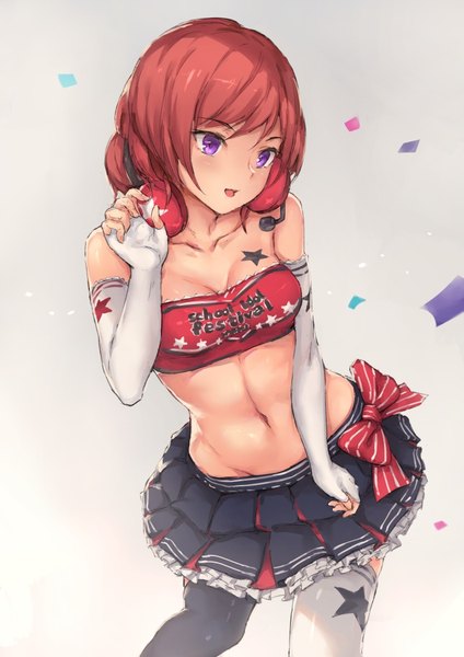 Anime picture 742x1050 with love live! school idol project sunrise (studio) love live! nishikino maki parfaitlate single tall image fringe short hair light erotic simple background smile purple eyes bare shoulders looking away cleavage red hair pleated skirt inscription grey background