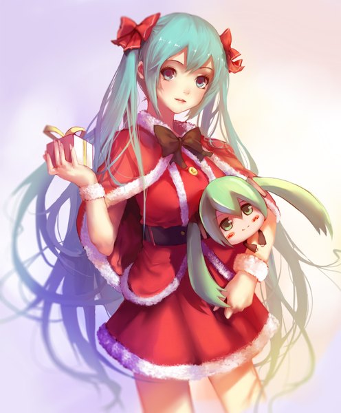 Anime picture 1400x1692 with vocaloid hatsune miku miko ari long hair tall image looking at viewer blush fringe breasts simple background standing twintails green eyes bent knee (knees) very long hair aqua eyes green hair light smile lips aqua hair