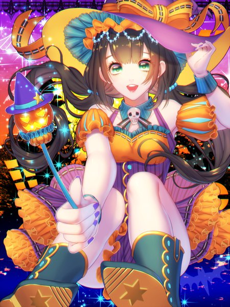 Anime picture 800x1066 with original uniikura single long hair tall image fringe open mouth light erotic black hair twintails green eyes nail polish sparkle floating hair low twintails halloween adjusting hat girl hat detached sleeves