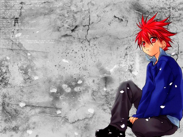 Anime picture 1024x768 with d.n.angel xebec niwa daisuke sugisaki yukiru single fringe short hair hair between eyes red eyes sitting looking away red hair grey background wallpaper third-party edit boy petals