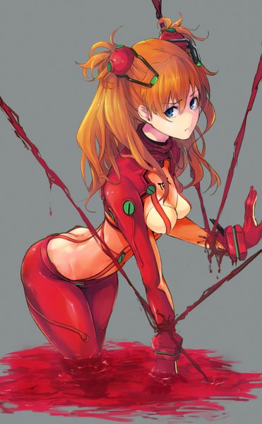 Anime picture 991x1600 with neon genesis evangelion gainax soryu asuka langley mille (dieci) single long hair tall image looking at viewer fringe breasts blue eyes light erotic simple background standing twintails orange hair grey background leaning short twintails arched back