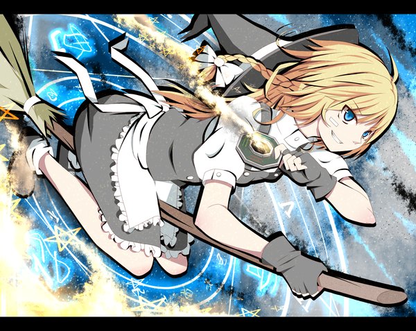 Anime picture 2200x1750 with touhou kirisame marisa do-tan (artist) single long hair highres blue eyes blonde hair magic witch bandaid on face broom riding girl skirt gloves hat fingerless gloves apron witch hat skirt set