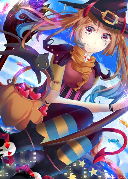 Anime picture 1000x1400 with original ruurin-chan (artist) single long hair tall image looking at viewer smile brown hair purple eyes twintails halloween demon tail girl socks bracelet scarf cat witch hat candy skull