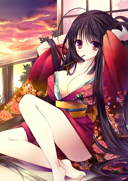 Anime picture 725x1024 with original sorai shin'ya single long hair tall image blush breasts light erotic black hair large breasts cloud (clouds) very long hair traditional clothes japanese clothes girl kimono obi