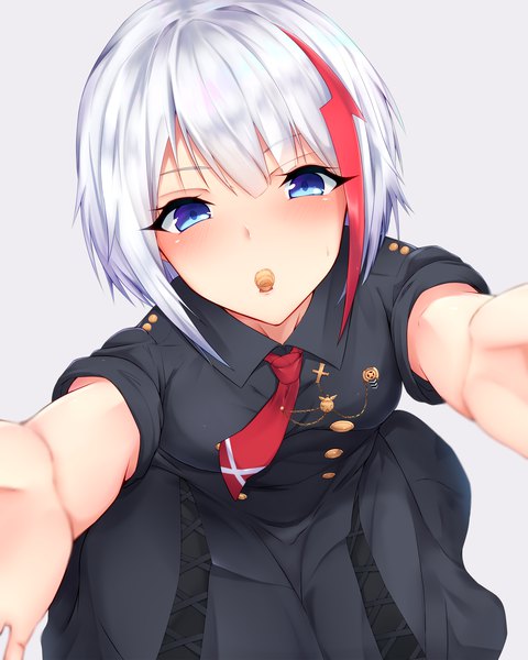 Anime picture 1600x2000 with azur lane admiral graf spee (azur lane) admiral graf spee (maiden's sunday) (azur lane) ranju aira single tall image looking at viewer blush short hair blue eyes simple background multicolored hair from above grey background two-tone hair streaked hair outstretched hand food in mouth girl necktie