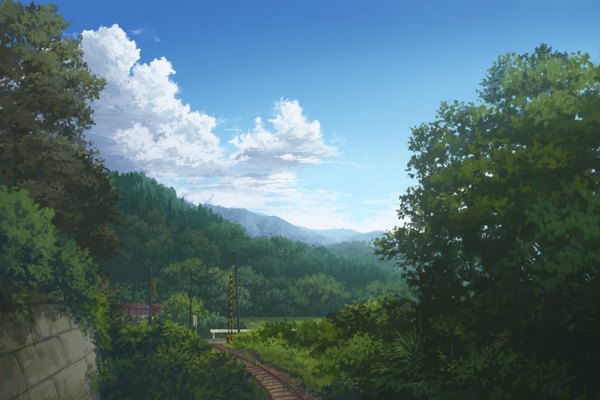 Anime picture 1500x1000 with original juuyonkou sky cloud (clouds) mountain landscape scenic railroad crossing plant (plants) tree (trees) grass forest house railways