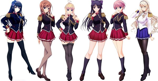 Anime picture 2333x1200 with walkure romanze celia kumani entory kisaki mio ryuuzouji akane bertille althusser long hair looking at viewer fringe highres short hair breasts open mouth blue eyes simple background blonde hair brown hair wide image standing white background purple eyes