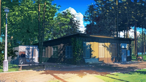Anime picture 1920x1080 with everlasting summer iichan eroge arsenixc vvcephei highres wide image game cg cloud (clouds) sunlight shadow wallpaper no people scenic collaboration camp plant (plants) tree (trees) window building (buildings) lantern