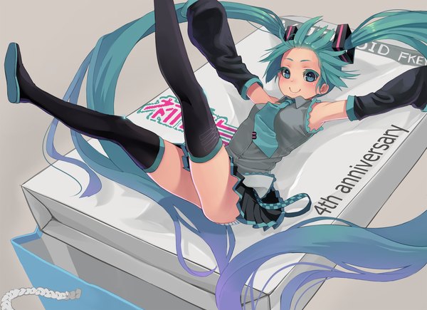 Anime picture 2000x1453 with vocaloid hatsune miku fkey single long hair highres smile twintails aqua eyes aqua hair spread arms girl detached sleeves necktie thigh boots