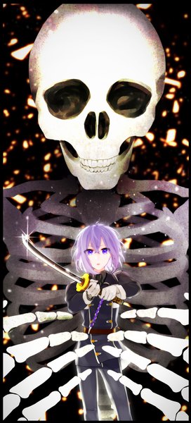 Anime picture 1000x2200 with touken ranbu nitroplus honebami toushirou asuma (hanezu) single tall image looking at viewer fringe short hair hair between eyes purple eyes purple hair border black background skeleton boy gloves uniform weapon sword