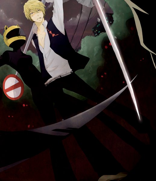 Anime picture 2100x2432 with durarara!! brains base (studio) heiwajima shizuo celty sturluson pikeish (artist) tall image highres short hair blonde hair standing holding brown eyes animal ears sky night couple mouth hold open collar smoking girl