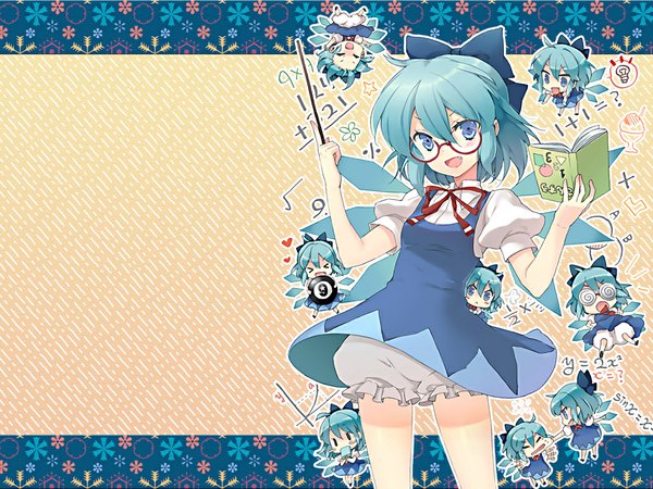 Anime picture 1024x768 with touhou cirno cuteg blush short hair open mouth blue eyes standing blue hair teeth fang (fangs) girl dress bow hair bow glasses book (books) short dress knickers