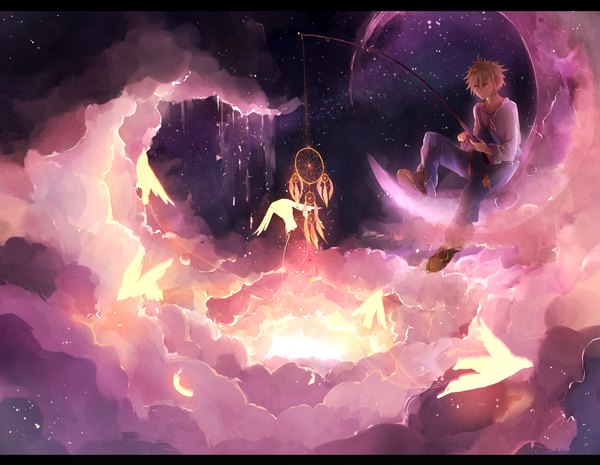 Anime picture 1205x935 with original yurui karameru single fringe short hair blonde hair sitting holding sky cloud (clouds) bent knee (knees) glowing letterboxed crescent spiked hair fishing boy animal boots bird (birds)
