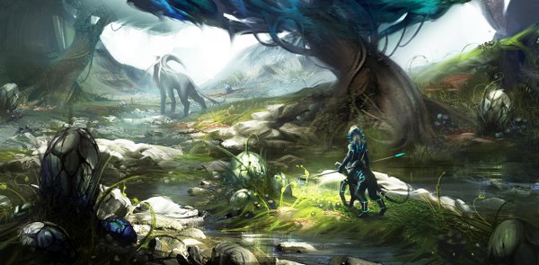 Anime picture 1280x630 with sakimichan wide image sunlight no people river weapon plant (plants) animal tree (trees) water forest spear stone (stones) dinosaur alien