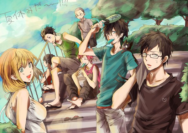 Anime picture 1626x1154 with ao no exorcist a-1 pictures okumura rin okumura yukio moriyama shiemi shima renzou kamiki izumo suguro ryuuji miwa konekomaru kuro (ao no exorcist) yuki (fuguneko) short hair open mouth blue eyes blonde hair brown hair sitting multiple girls pink hair eyes closed