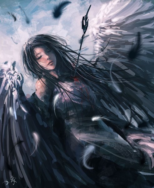 Anime picture 1245x1516 with original wlop single long hair tall image black hair signed eyes closed angel wings death girl dress wings blood feather (feathers) arrow (arrows)