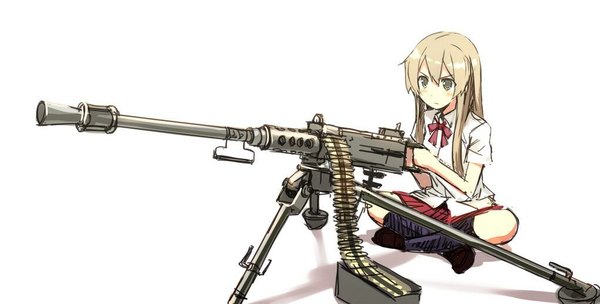 Anime picture 1022x519 with original orda single long hair simple background blonde hair wide image white background sitting looking away grey eyes serious girl uniform weapon school uniform gun rifle